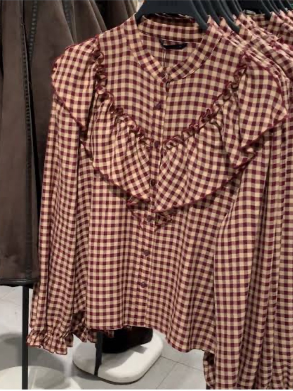 Zara Checked Ruffle Blouse Small Burgundy/ Tan - Picture 10 of 10